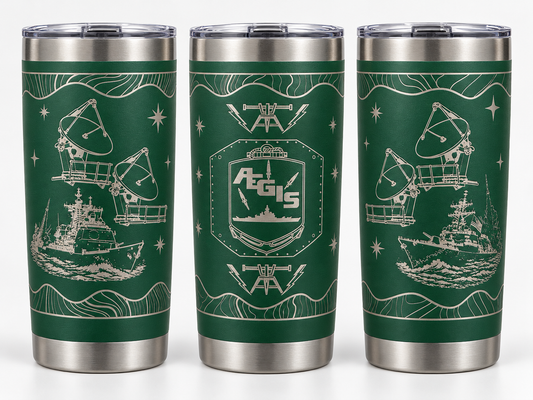 Green Fire Controlman AEGIS FCA 20 oz engraved tumbler - three angles