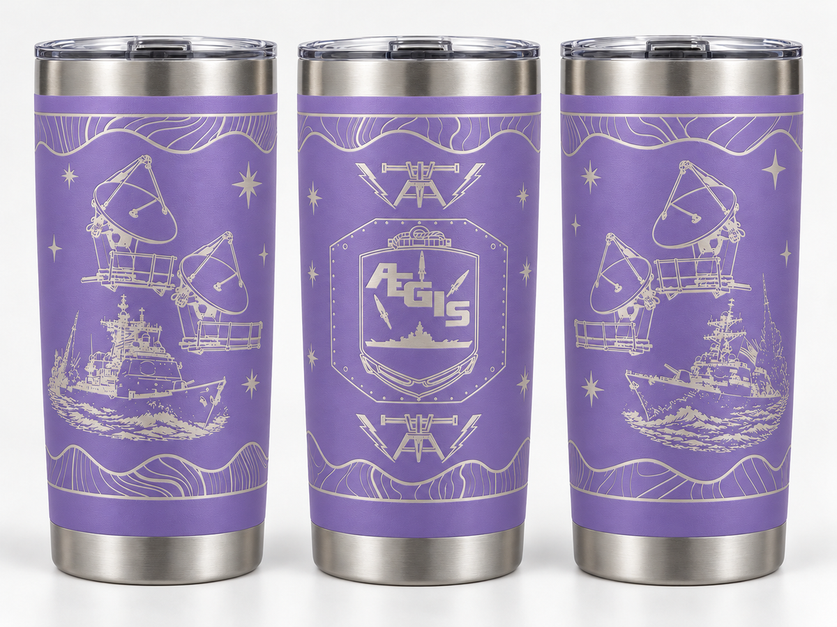 Lavender Fire Controlman AEGIS FCA 20 oz engraved tumbler - three angles