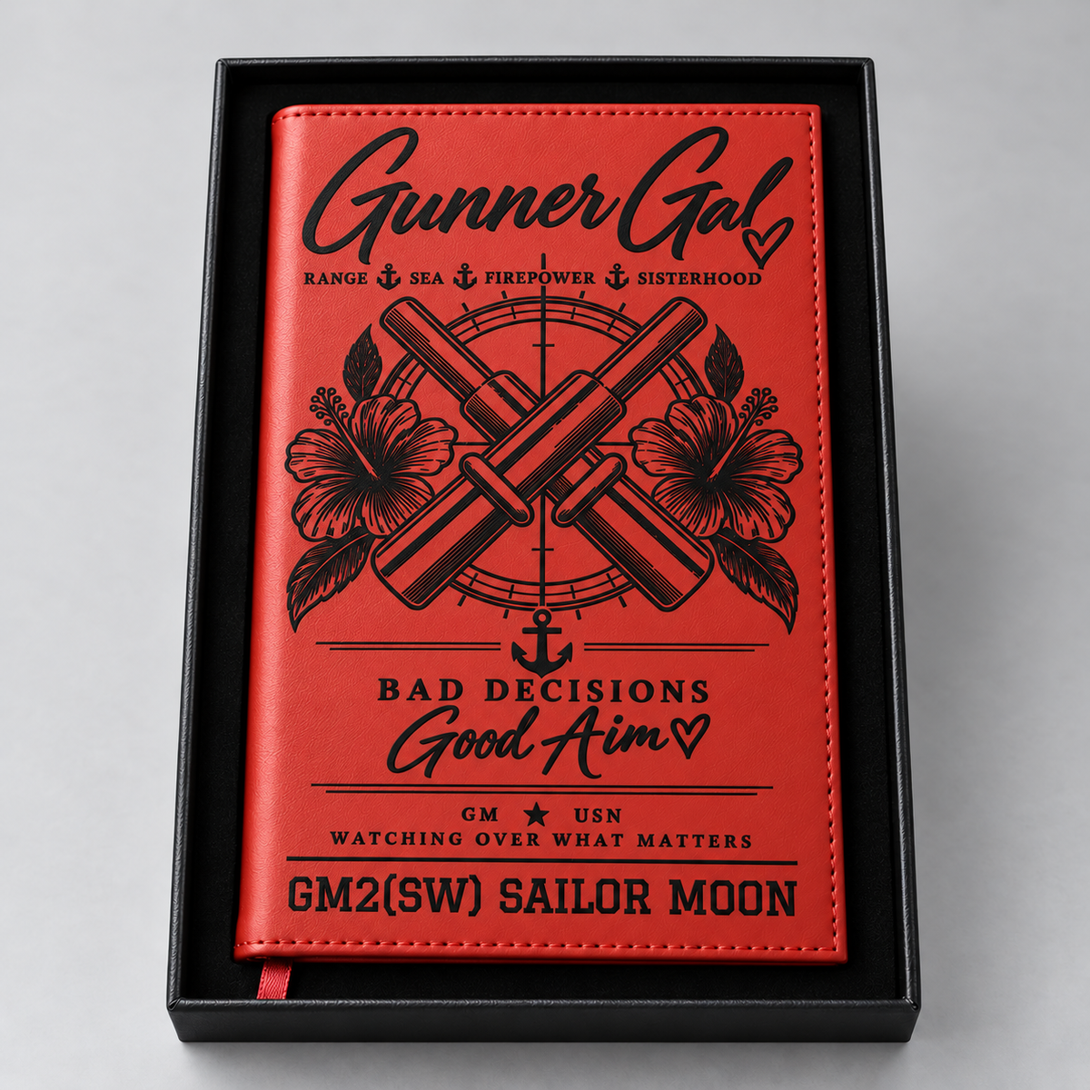 Red GunnerGal notebook with black engraving; personalized example
