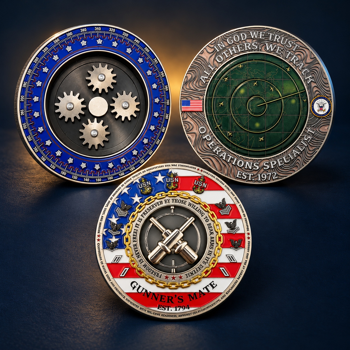 Challenge Coins — Victory By Volume Navy-inspired collection