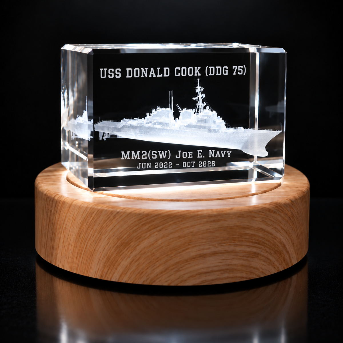 Custom engraving mockup: USS Donald Cook (DDG 75), MM2(SW) Joe E. Navy, and example service dates