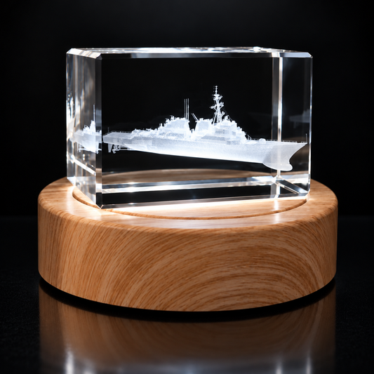 Arleigh Burke-class destroyer engraved inside clear K9 crystal on its illuminated wood base