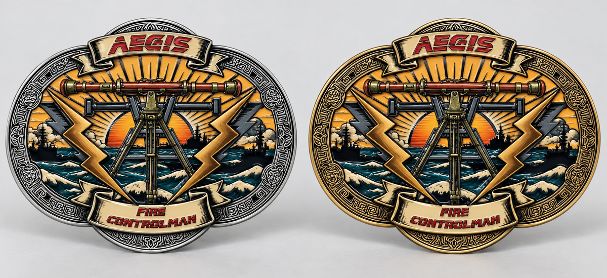 Aegis Fire Controlman belt buckle in silver and gold finishes — digital product mockup