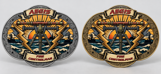 Aegis Fire Controlman belt buckle in silver and gold finishes — digital product mockup