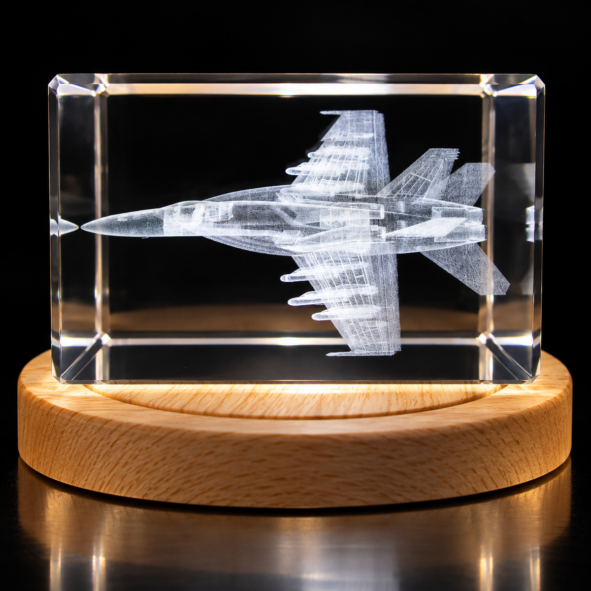 F/A-18 aircraft engraved inside clear crystal on an illuminated wood base