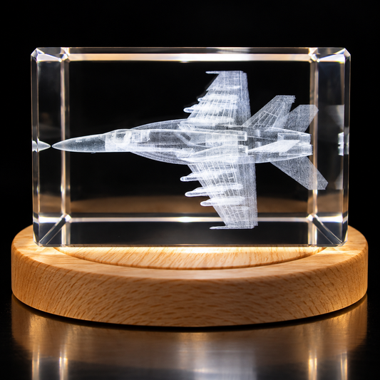 F/A-18 aircraft engraved inside clear crystal on an illuminated wood base