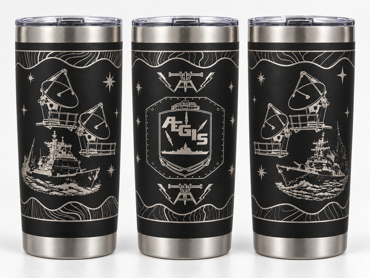 Black Fire Controlman AEGIS FCA 20 oz engraved tumbler - three angles