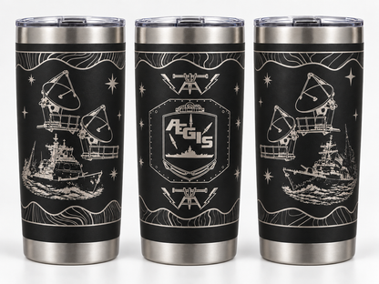Black Fire Controlman AEGIS FCA 20 oz engraved tumbler - three angles