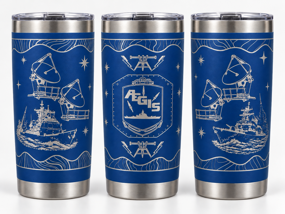 Blue Fire Controlman AEGIS FCA 20 oz engraved tumbler - three angles