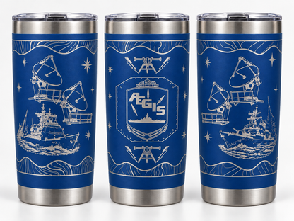 Blue Fire Controlman AEGIS FCA 20 oz engraved tumbler - three angles
