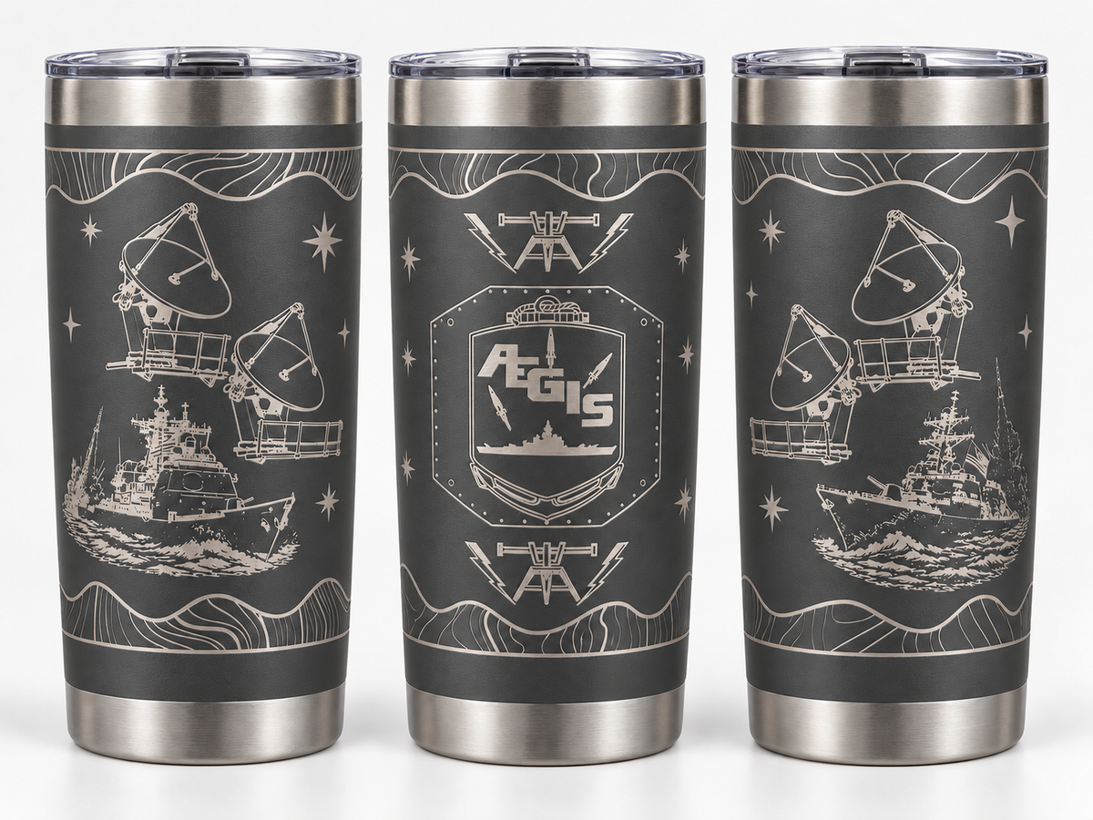 Gray Fire Controlman AEGIS FCA 20 oz engraved tumbler - three angles