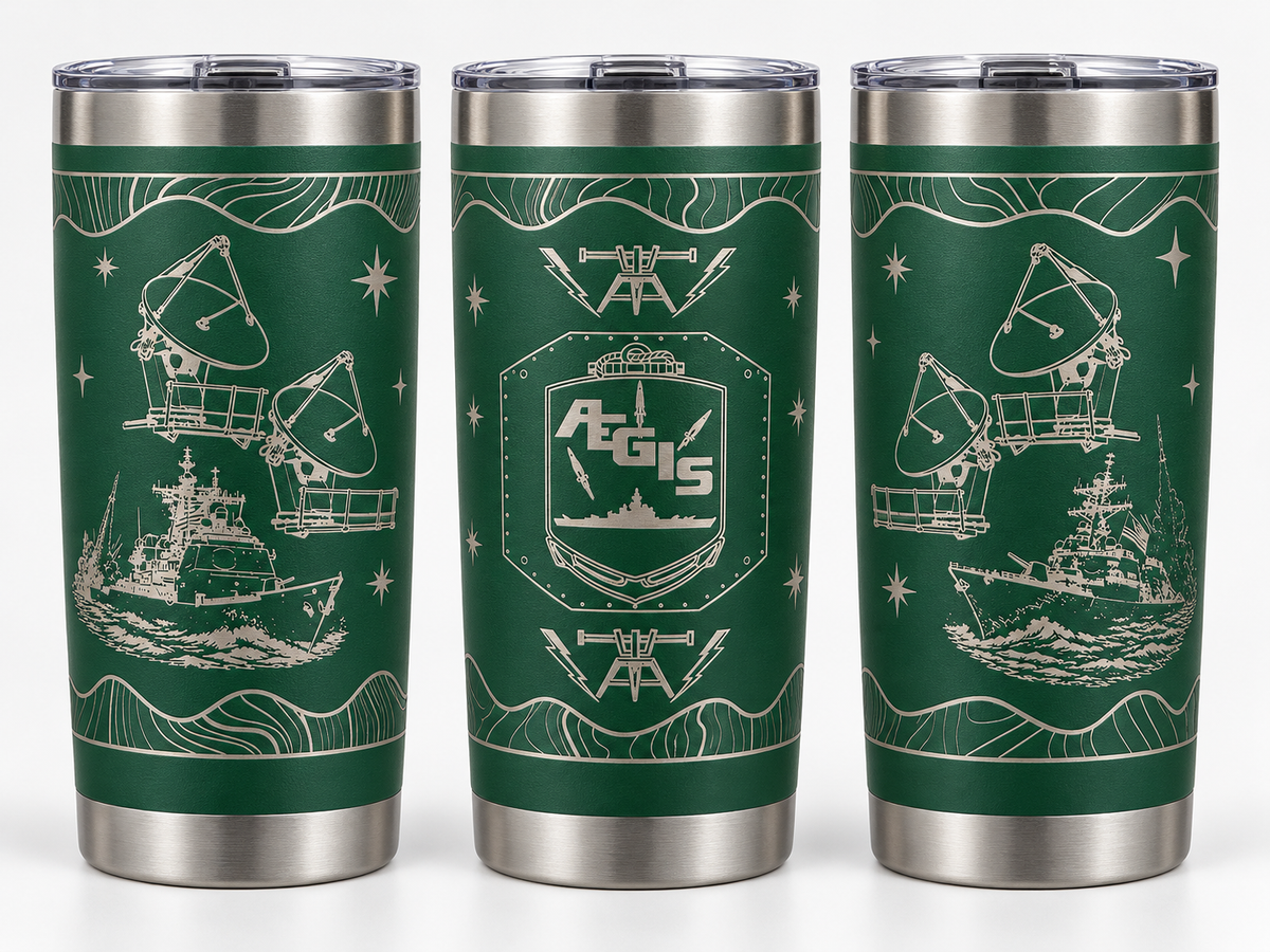 Green Fire Controlman AEGIS FCA 20 oz engraved tumbler - three angles