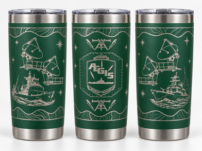 Green Fire Controlman AEGIS FCA 20 oz engraved tumbler - three angles