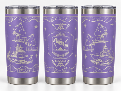 Lavender Fire Controlman AEGIS FCA 20 oz engraved tumbler - three angles