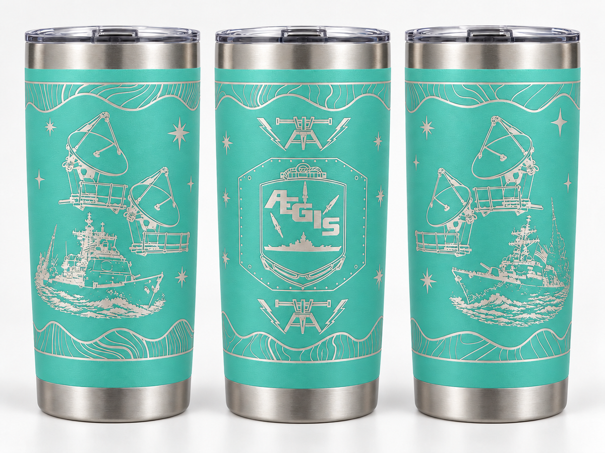 Seafoam Fire Controlman AEGIS FCA 20 oz engraved tumbler - three angles