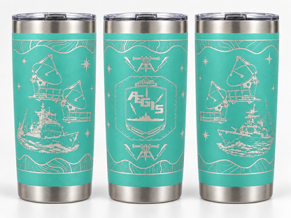 Seafoam Fire Controlman AEGIS FCA 20 oz engraved tumbler - three angles