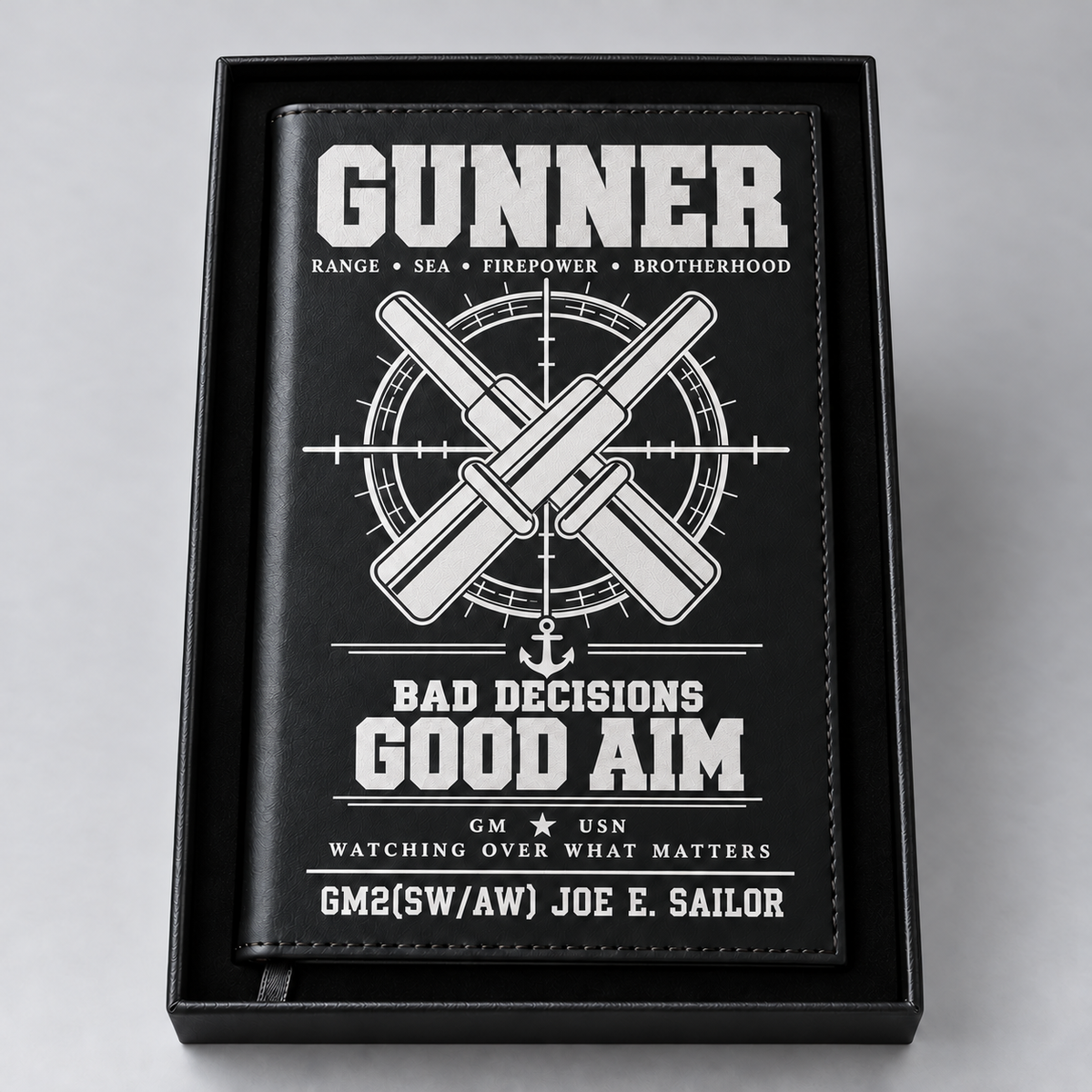 Black Gunner notebook with silver engraving and sample personalization GM2(SW/AW) JOE E. SAILOR
