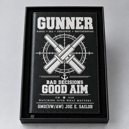 Black Gunner notebook with silver engraving and sample personalization GM2(SW/AW) JOE E. SAILOR
