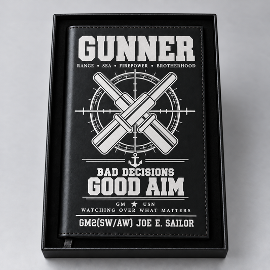 Black Gunner notebook with silver engraving and sample personalization GM2(SW/AW) JOE E. SAILOR