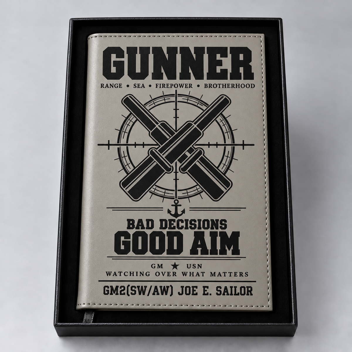 Gray Gunner notebook with black engraving and sample personalization GM2(SW/AW) JOE E. SAILOR