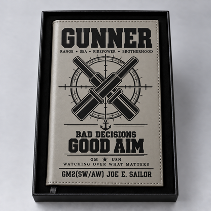 Gray Gunner notebook with black engraving and sample personalization GM2(SW/AW) JOE E. SAILOR