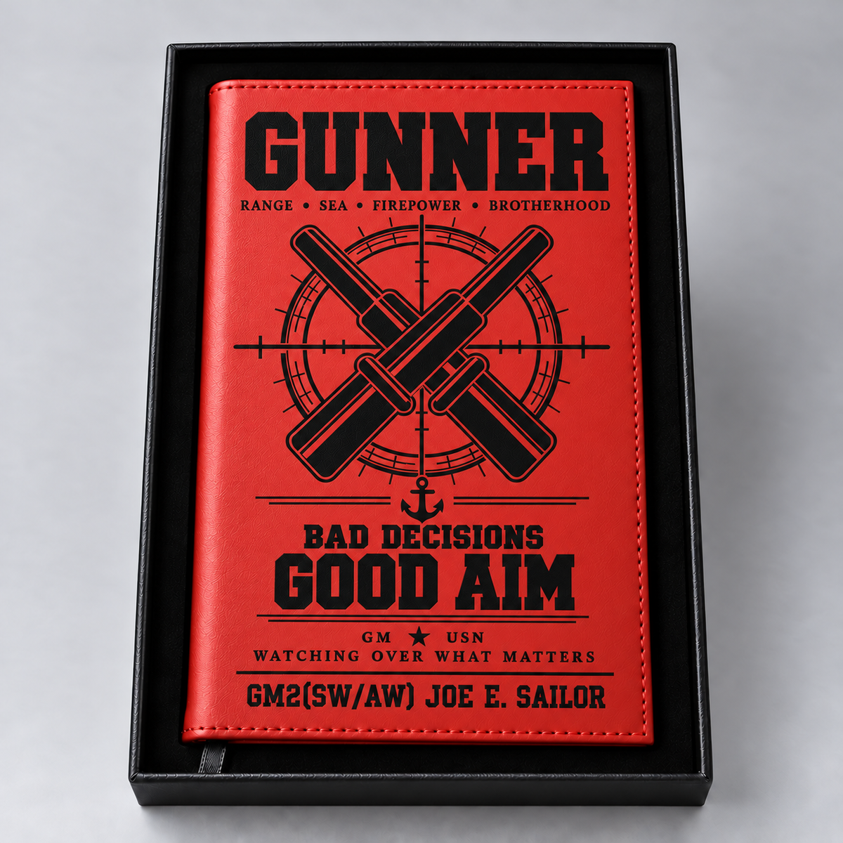 Red Gunner notebook with black engraving and sample personalization GM2(SW/AW) JOE E. SAILOR