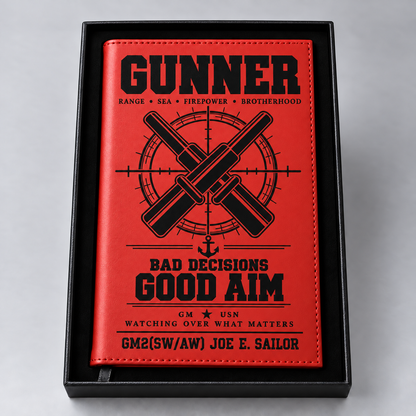 Red Gunner notebook with black engraving and sample personalization GM2(SW/AW) JOE E. SAILOR