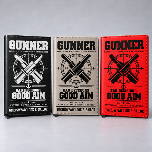 Gunner refillable notebooks in black, gray, and red with black ribbon bookmarks and sample personalization GM2(SW/AW) JOE E. SAILOR