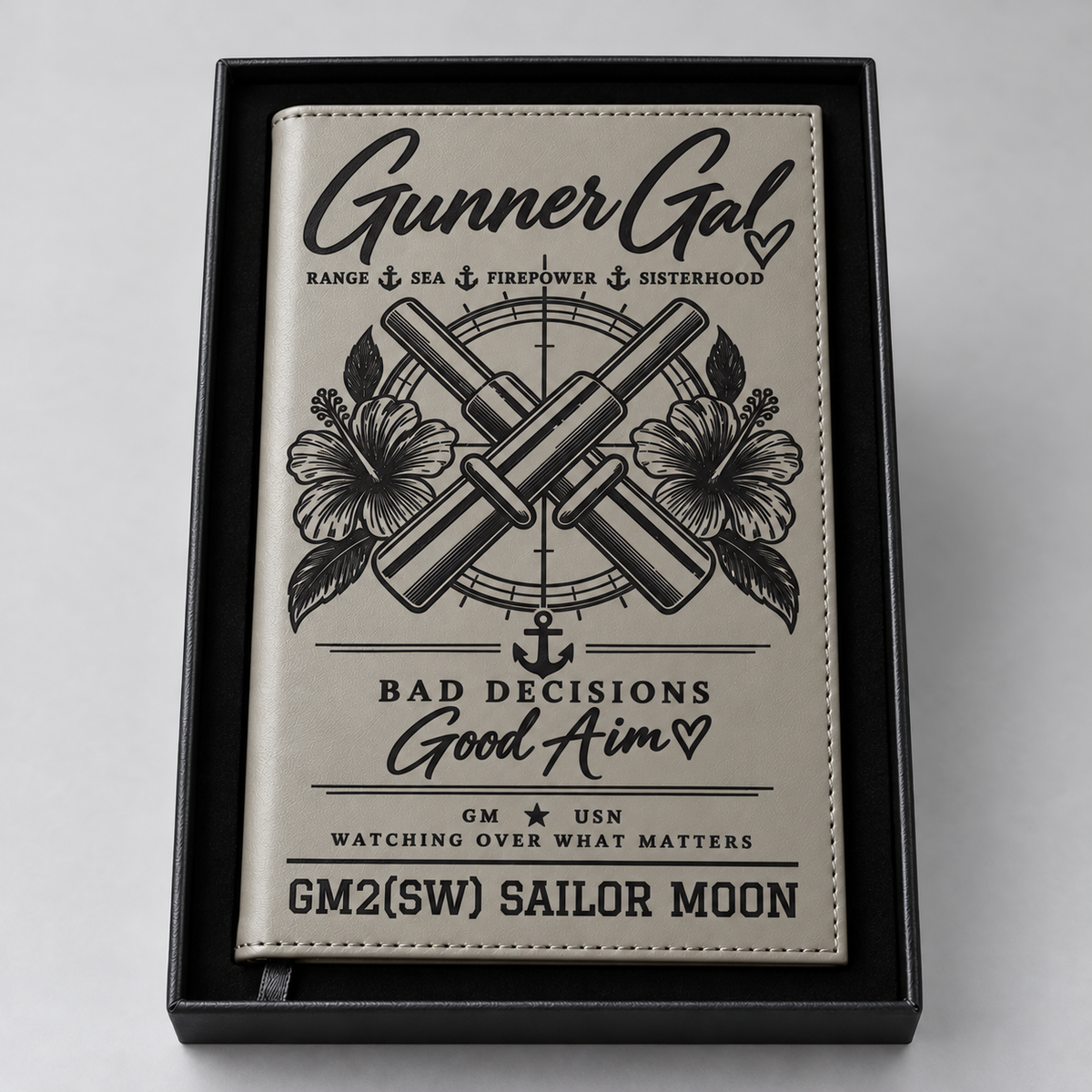 Gray GunnerGal notebook with black engraving; personalized example