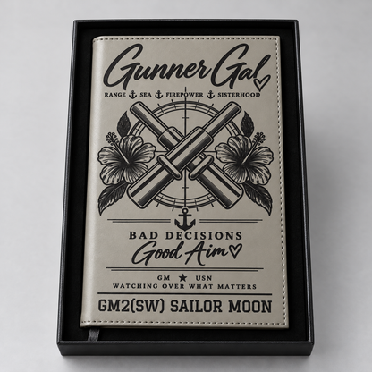 Gray GunnerGal notebook with black engraving; personalized example
