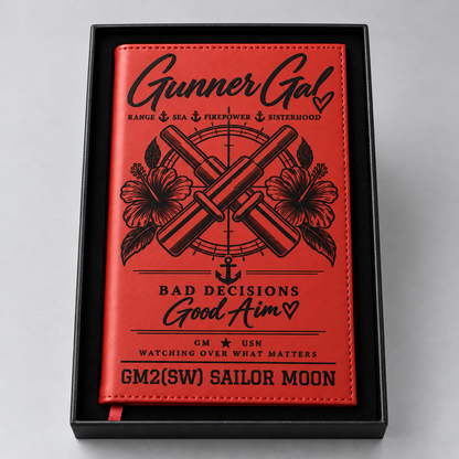 Red GunnerGal notebook with black engraving; personalized example