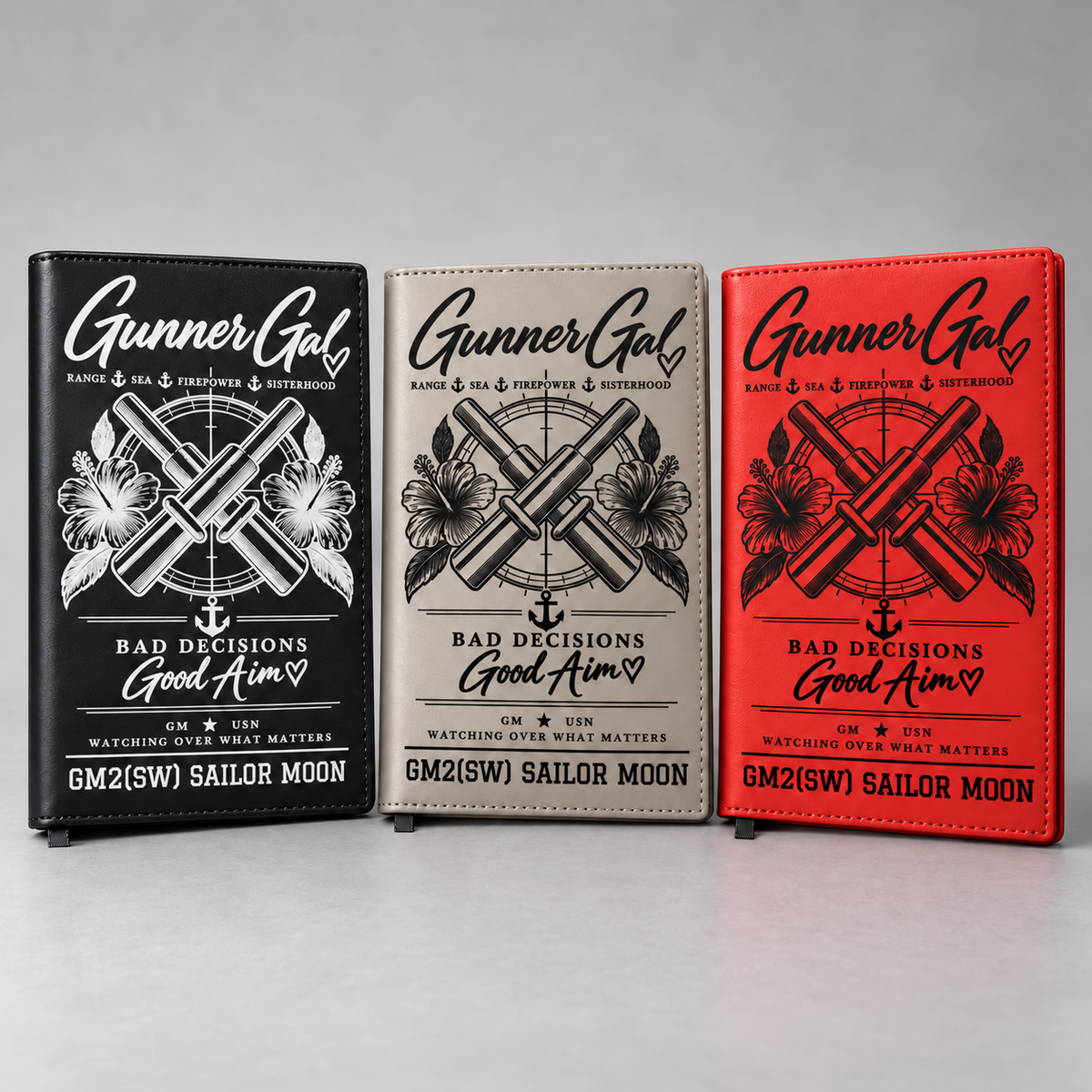 GunnerGal notebooks in black, gray, and red with black ribbon bookmarks