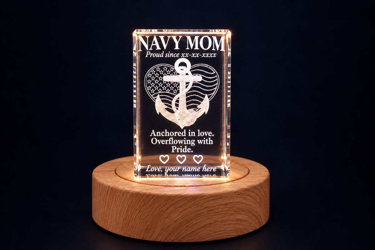 Personalized Navy Mom crystal with three engraved hearts and sample date and name personalization