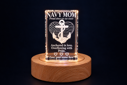 Personalized Navy Mom crystal with three engraved hearts and sample date and name personalization