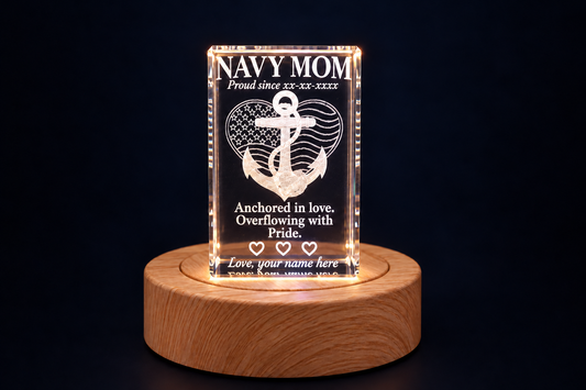 Personalized Navy Mom crystal with three engraved hearts and sample date and name personalization