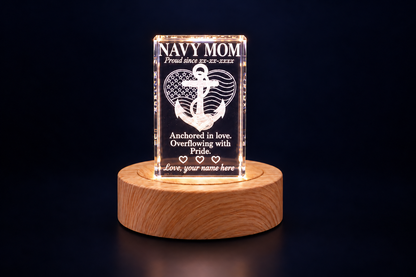 Navy Mom crystal keepsake showing three engraved hearts and sample date and name personalization