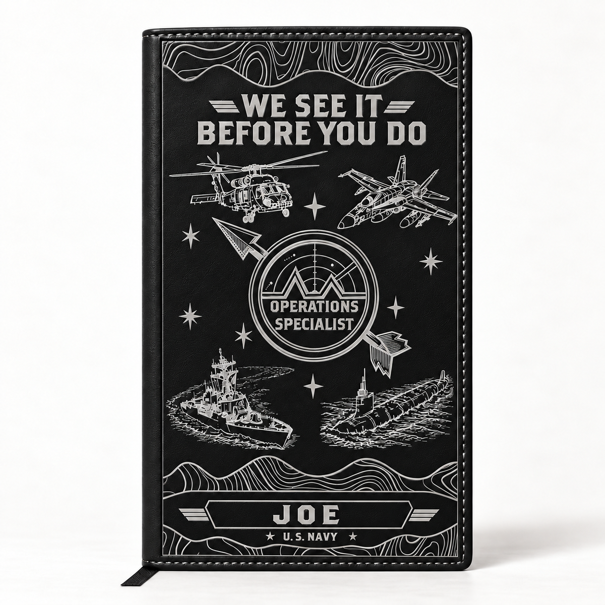 Operations Specialist notebook in black with sample personalization JOE