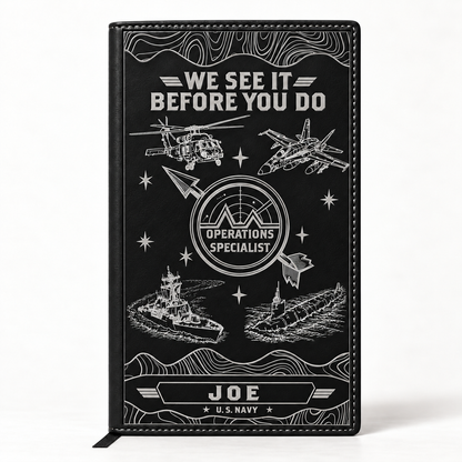 Operations Specialist notebook in black with sample personalization JOE