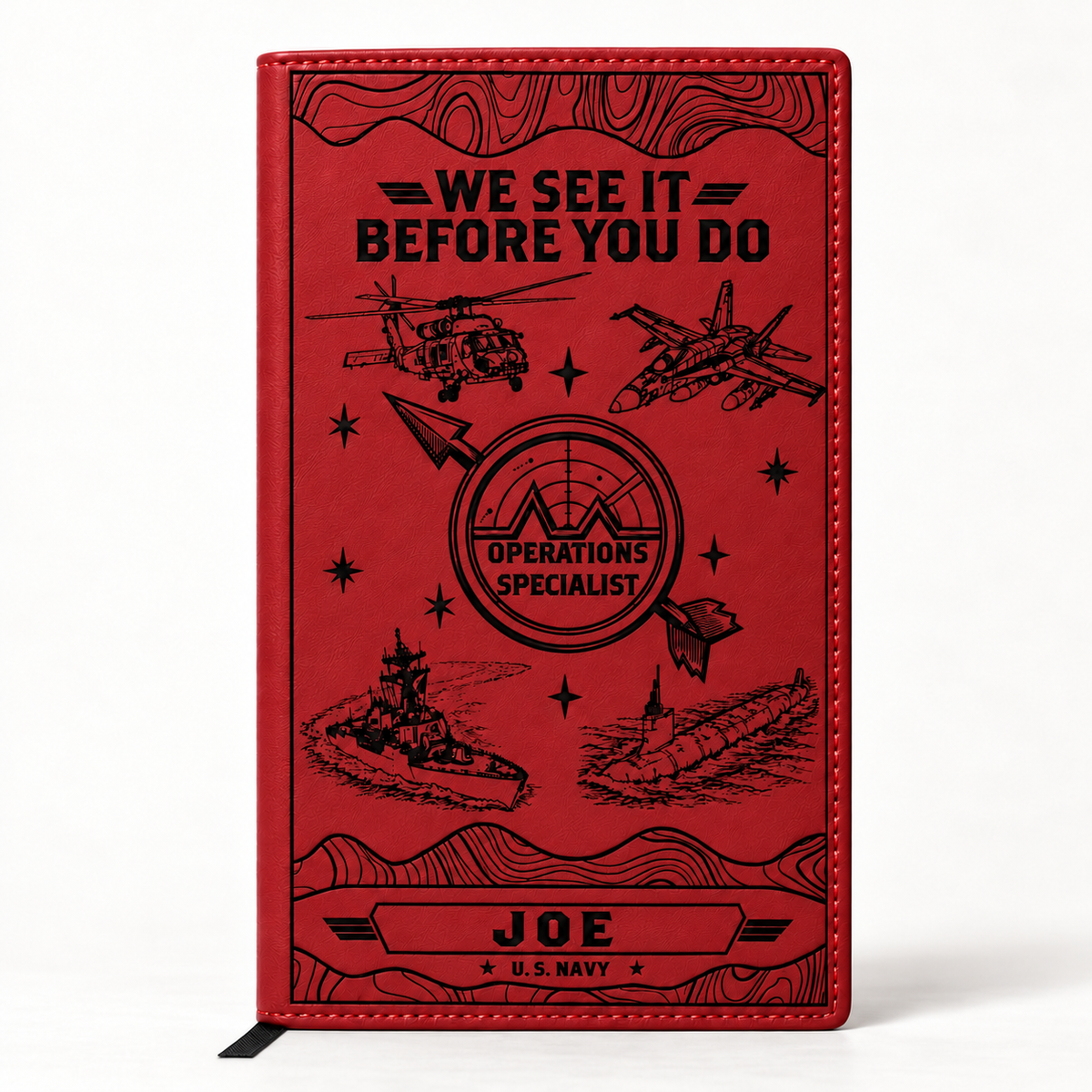 Operations Specialist notebook in red with sample personalization JOE