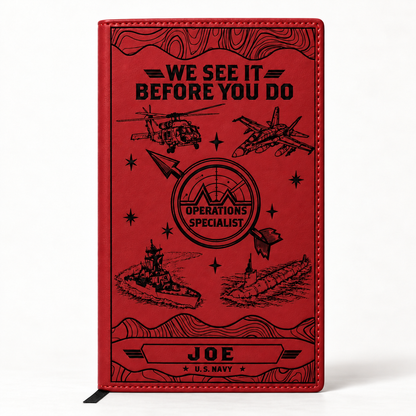 Operations Specialist notebook in red with sample personalization JOE