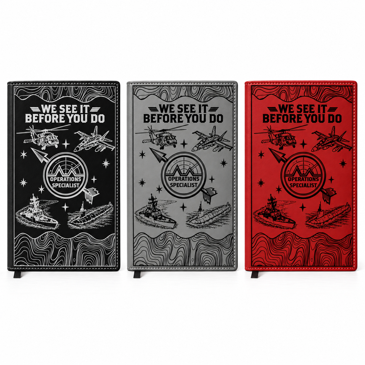 Black, Gray, and Red Operations Specialist notebooks with accurate cover proportions