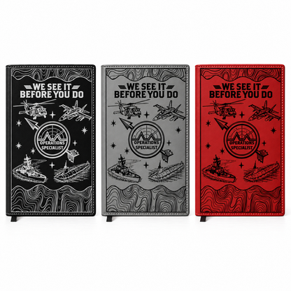 Black, Gray, and Red Operations Specialist notebooks with accurate cover proportions
