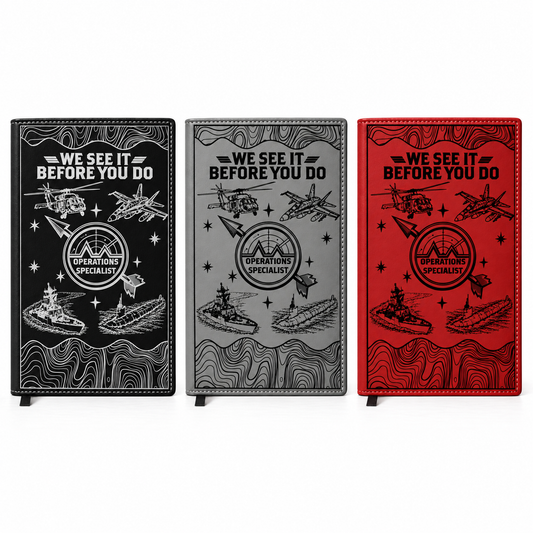 Black, Gray, and Red Operations Specialist notebooks with accurate cover proportions
