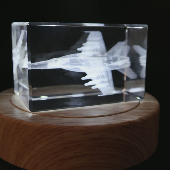 F/A-18 crystal — full view on illuminated wood base