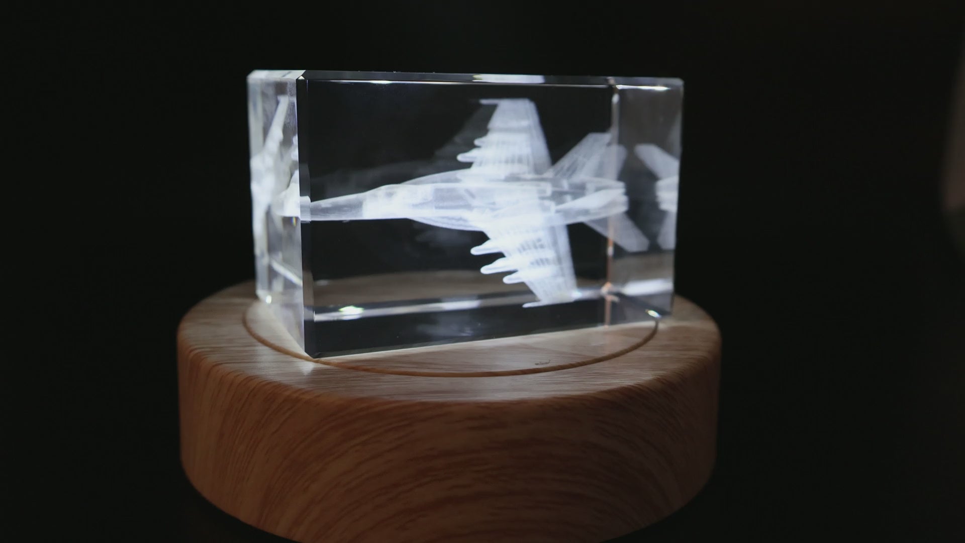 F/A-18 crystal — full view on illuminated wood base