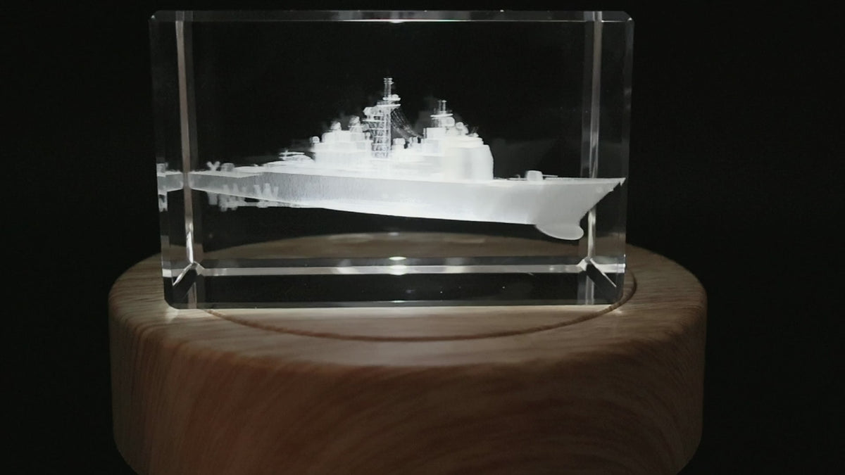 Close-up of the Ticonderoga-class cruiser engraving inside the crystal
