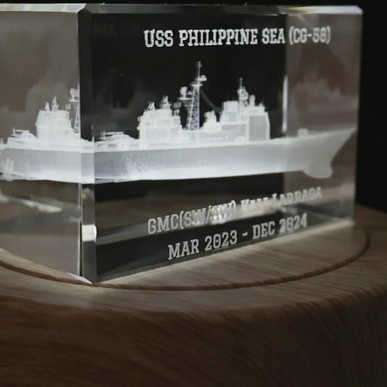 Rotating customized cruiser crystal on the included illuminated wood base
