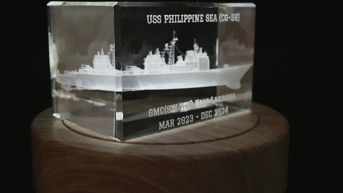 Rotating customized cruiser crystal on the included illuminated wood base